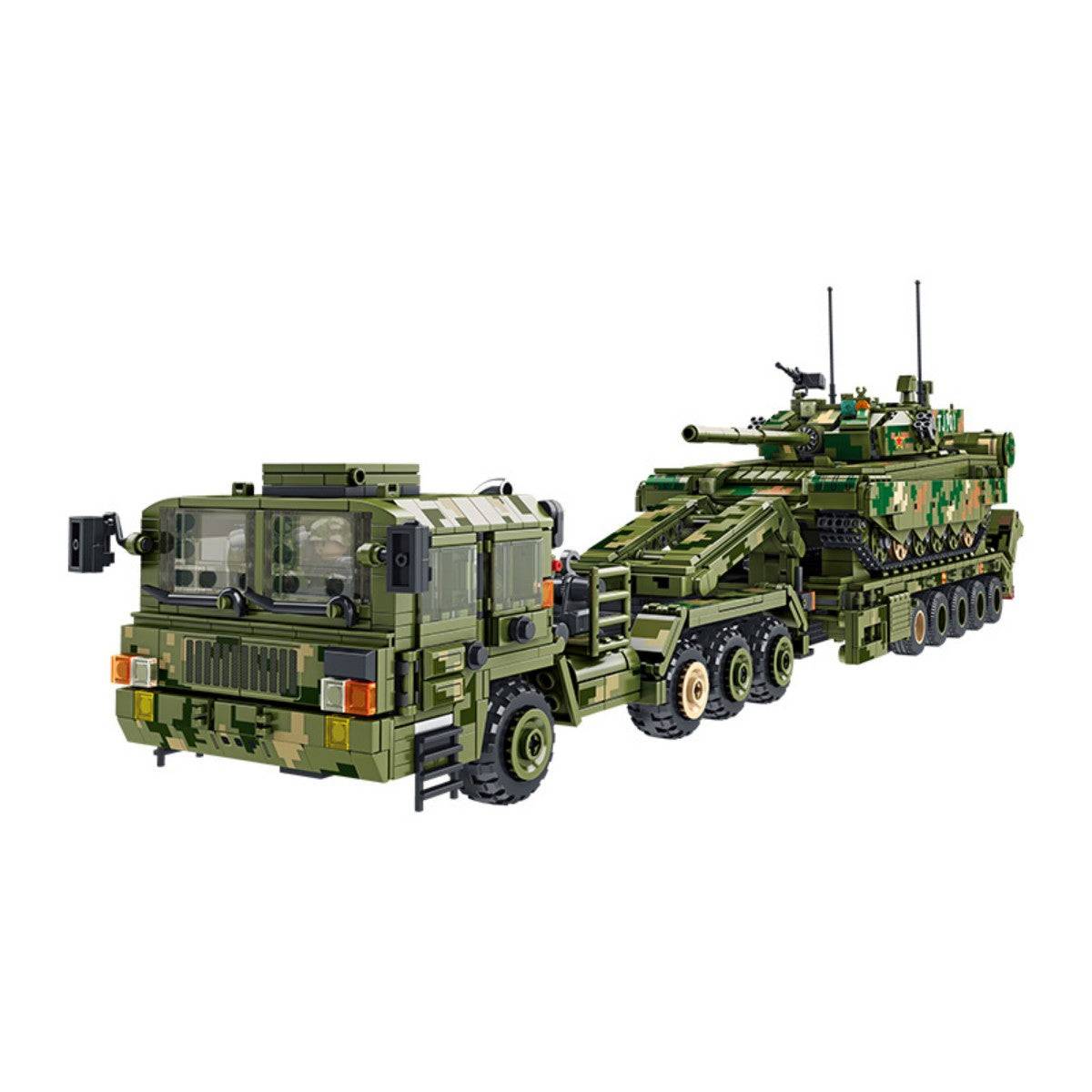 Panlos Brick 688003 99A Tank Transportation set with 2784 pieces, featuring a military transport truck and battle tank in camouflage design.